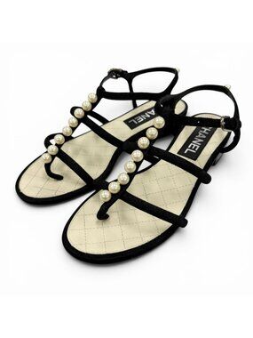 Chanel CC Logo Pearl Suede Leather Strap Flat Sandals Black